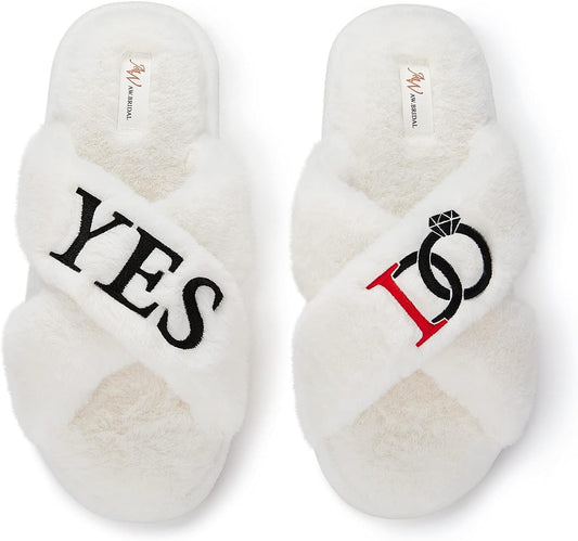 Womens YES&I DO Slippers Open Toe Comfy White Fur Slides Bride Slippers for Wedding Day, S-XL