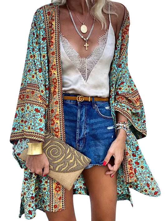 Womens Boho Floral Kimono Sleeve Blouse Cover up Summer Holiday Cardigan Tops